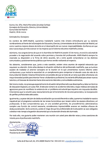 ANPE-Madrid se dirige a la consejera de educación